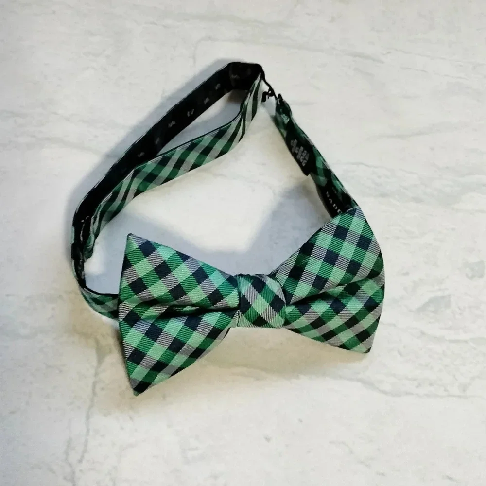 Saddlebred Silk Blend Bowtie Blue Green Teal Checks Plaid Adjustable Classic B